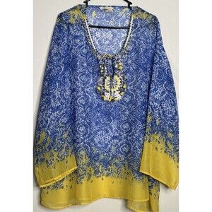 Soft Surroundings Beaded Tunic Top L Blue Yellow Sheer Tie Front Shirt Blouse